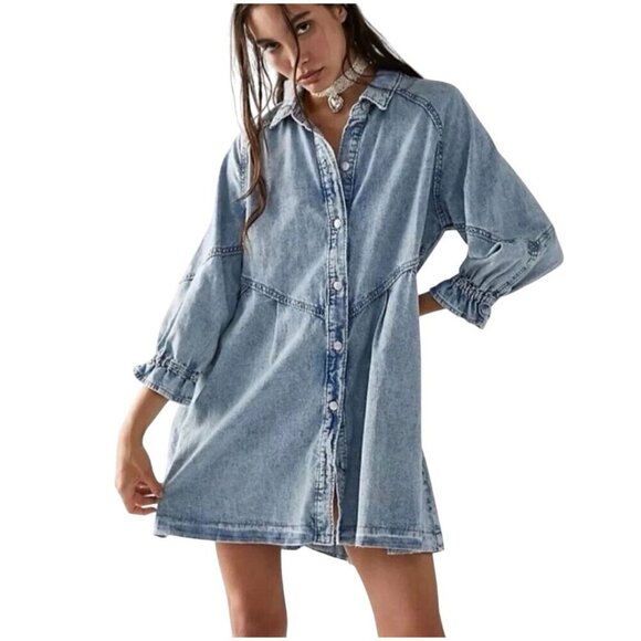 Free People We The Free Hannah Denim Mini Dress Western Cowgirl Boho Size XS - Picture 1 of 10